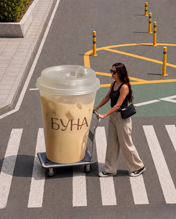 Coffee Shops creative ad: Woman pushing a giant iced latte cup on a hand trolley across a crosswalk