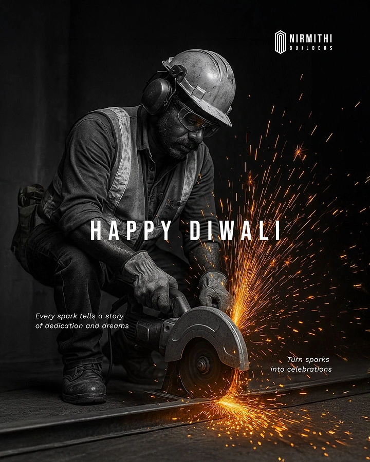 Diwali creative ad: Construction worker cutting steel with a grinder, throwing orange sparks