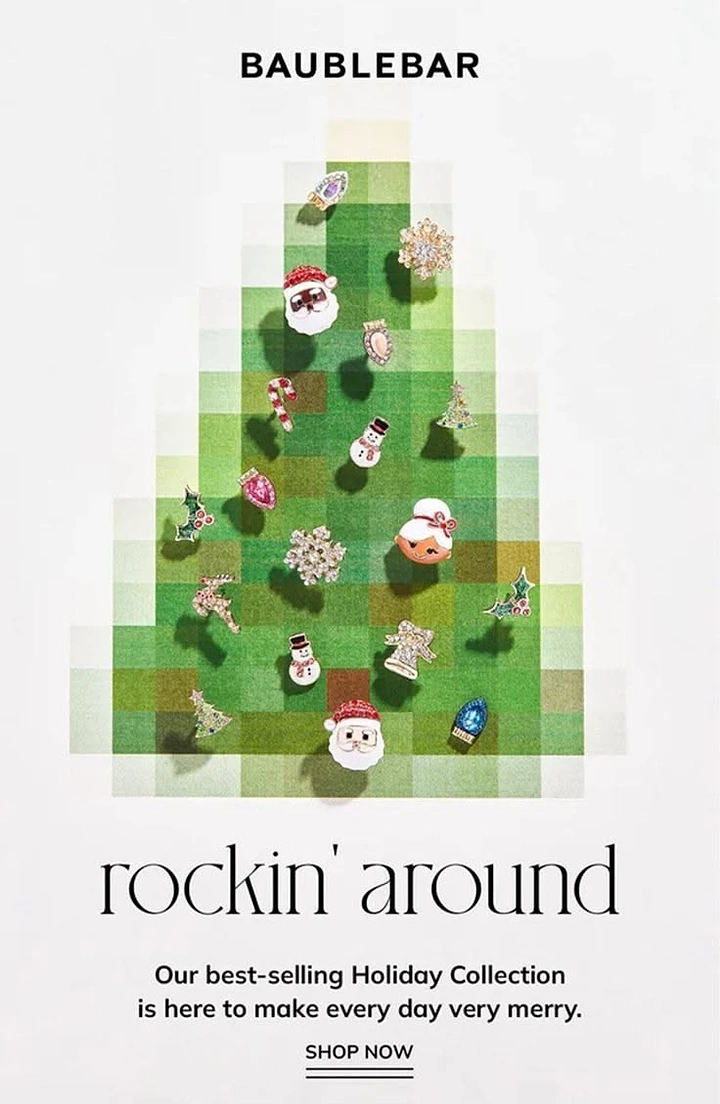 Christmas creative ad: Holiday earrings on a pixel-mosaic Christmas tree