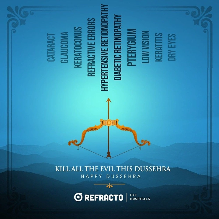 Dussehra creative ad: Ornate golden bow aiming at a list of eye diseases