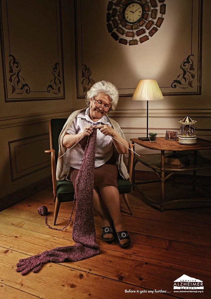 Senior Care creative ad: Knitting unravelling metaphor for Alzheimer's