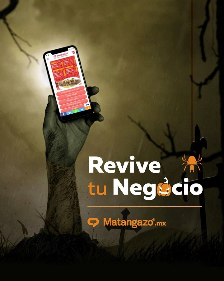 Halloween creative ad: Zombie hand rising from a grave holding a smartphone that shows a restaurant menu site