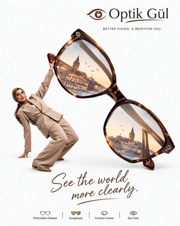 Opticians & Eye Care creative ad: Woman leaning on giant scenic sunglasses