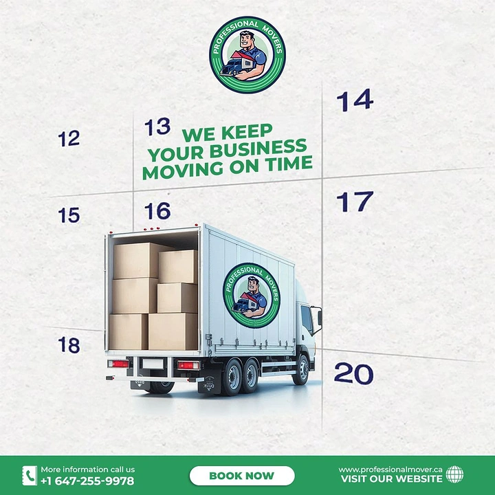 Movers & Packers creative ad: Truck driving across calendar dates, on-time