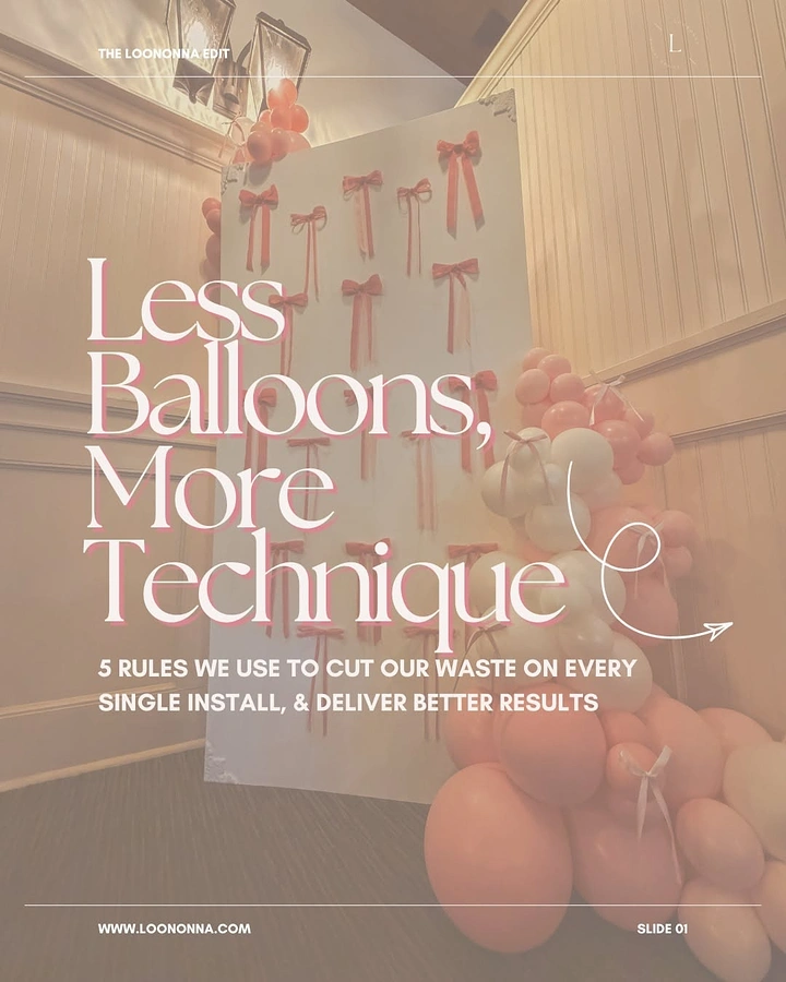 Balloon & Party Decorators creative ad: Pink and white balloon garland beside a bow-covered backdrop