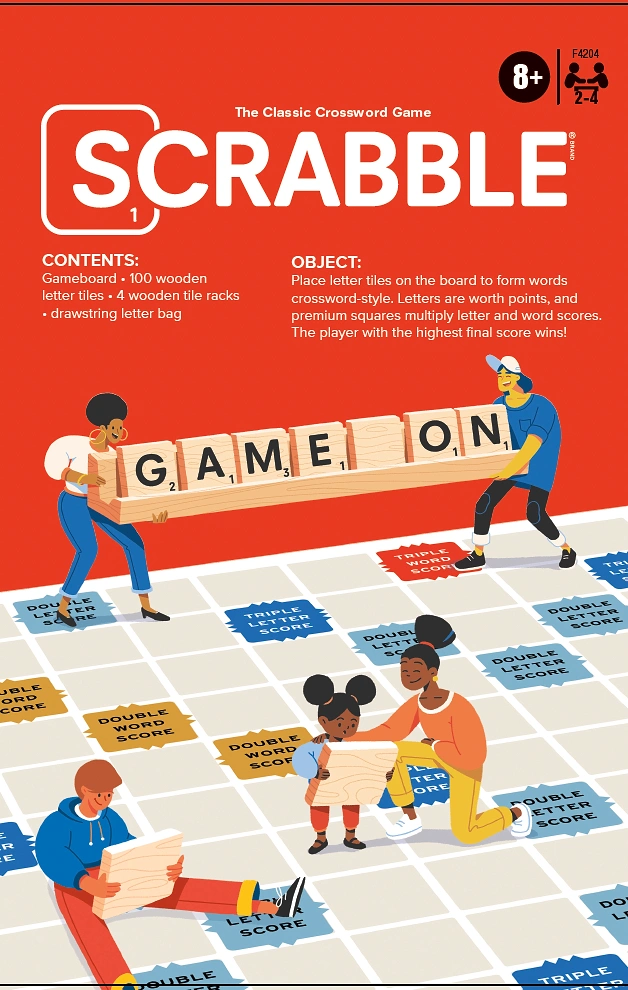 Board Games & Game Cafes creative ad: Diverse illustrated people carrying giant letter tiles across a word-game board