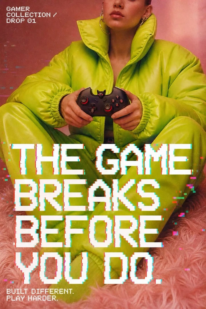 Gaming & Esports creative ad: Glitched pixel type, 'game breaks' copy