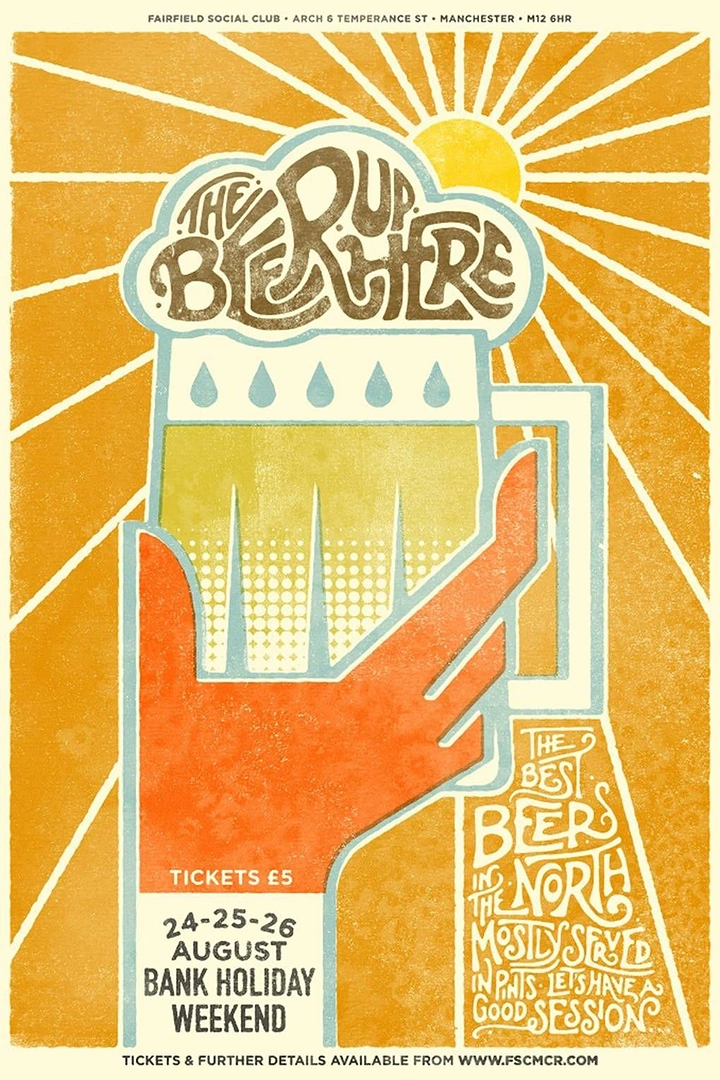 Beer, Wine & Spirits creative ad: Hand raising a foaming pint of beer against sunburst