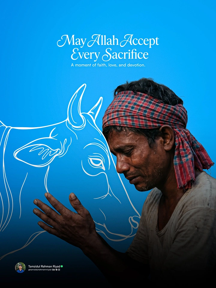 Eid creative ad: Tearful man touching the head of a white line-drawn cow
