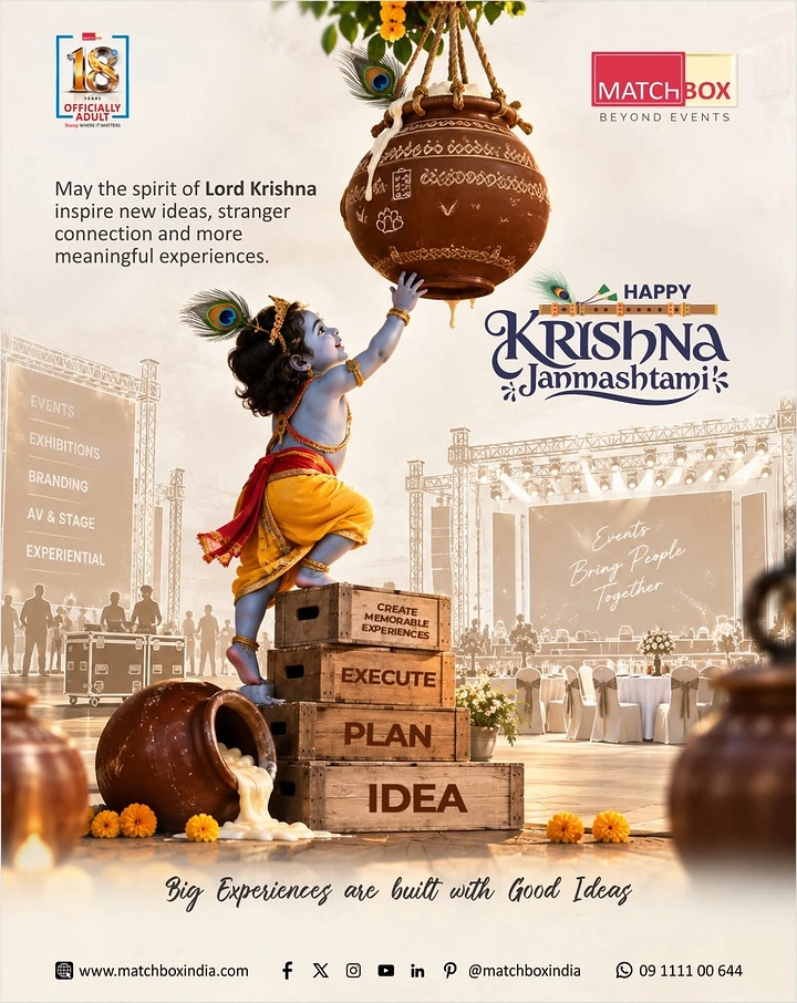 Janmashtami creative ad: Photoreal baby Krishna climbing labelled wooden crates to reach a hanging butter pot at an event venue