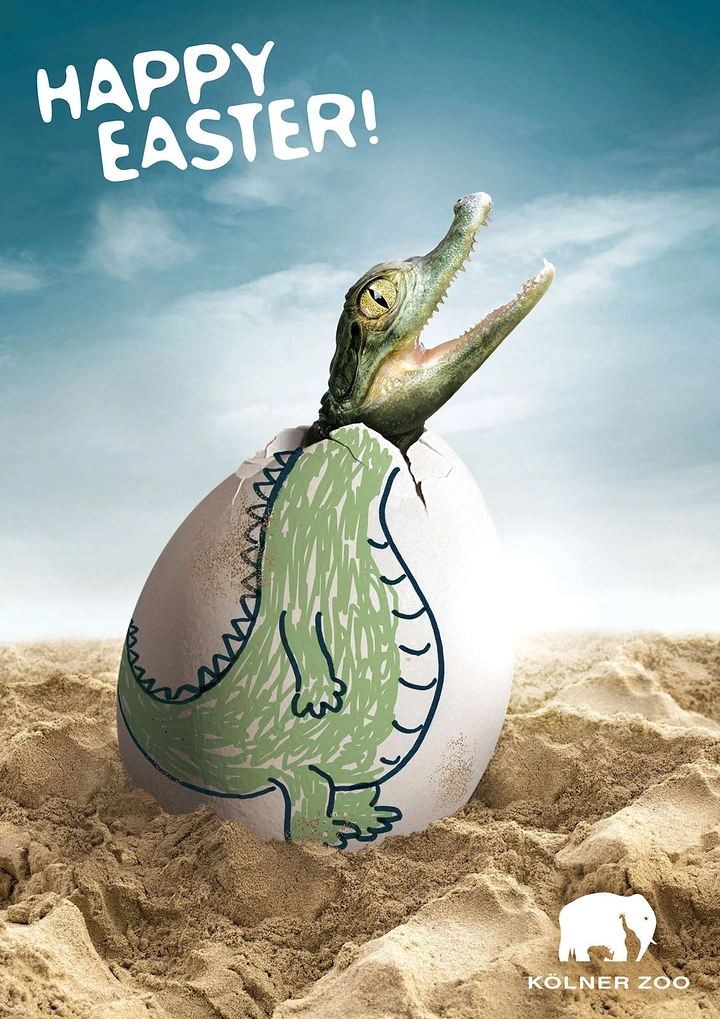 Easter creative ad: A real crocodile head hatching from an egg with a crocodile body doodled on it