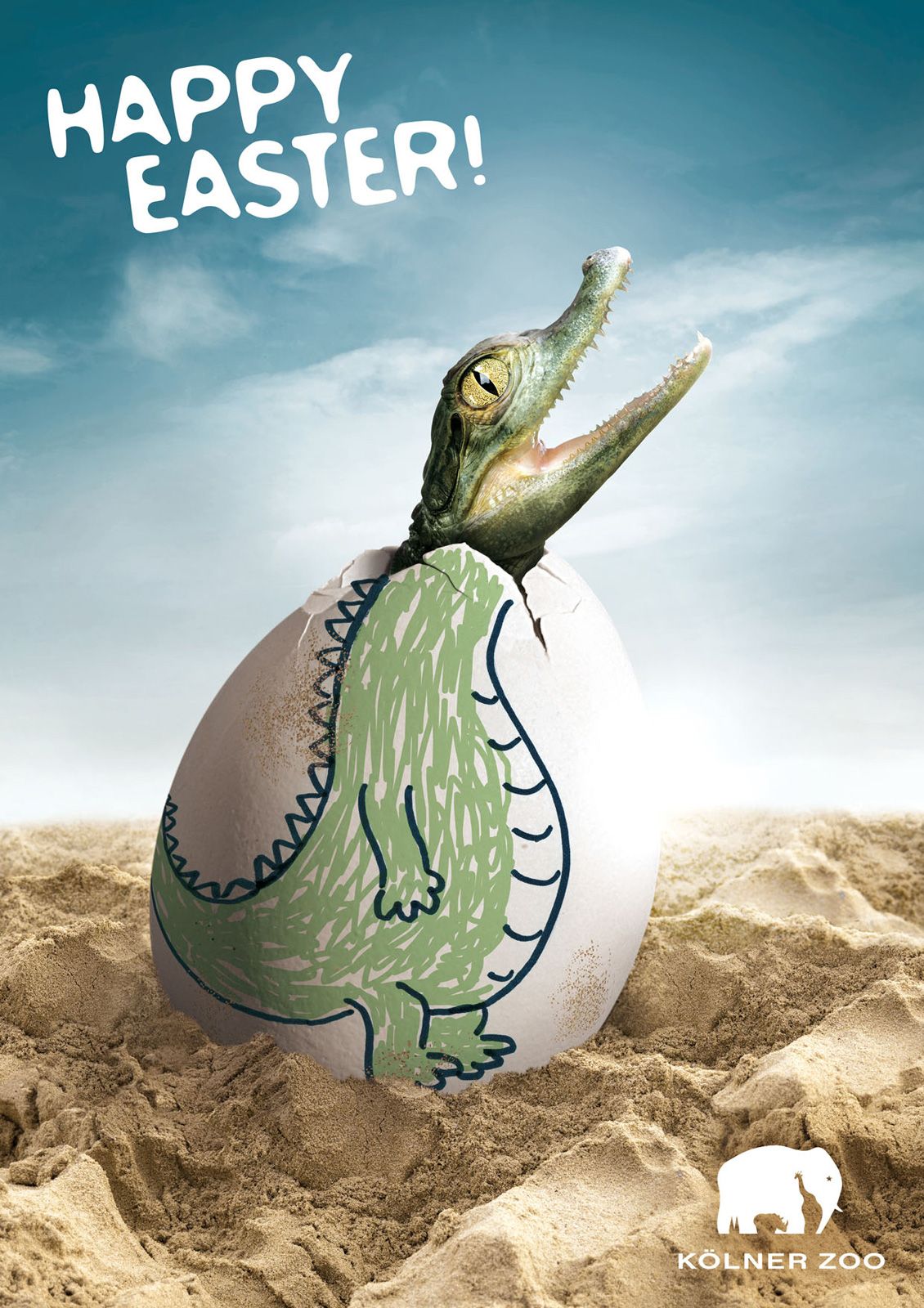 A real crocodile head hatching from an egg with a crocodile body doodled on it