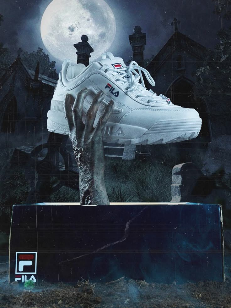 Zombie hand rising from a shoebox gripping a white chunky sneaker