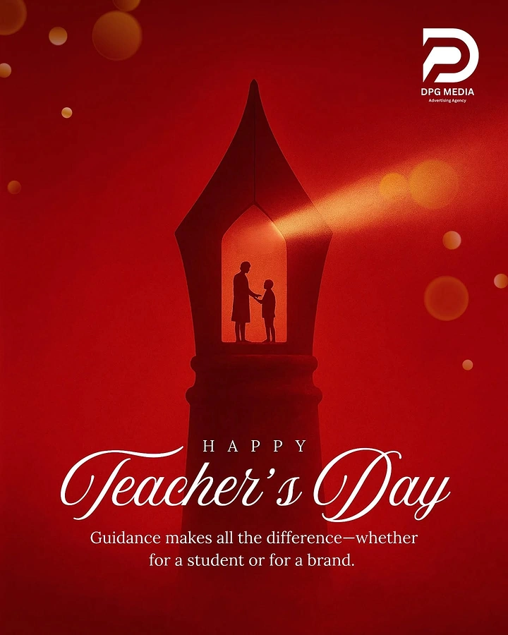 Teachers Day creative ad: Pen nib shaped as a lighthouse with teacher and child silhouettes