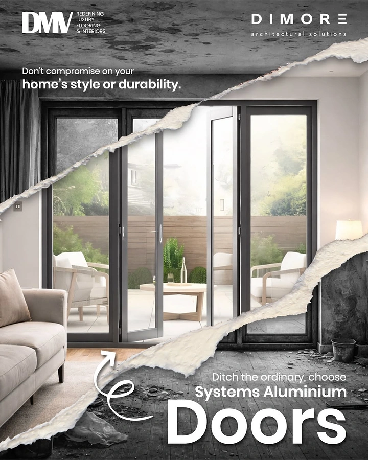 Home Renovation & Remodeling creative ad: Torn-paper before-and-after reveal of a room transformed by aluminum folding doors