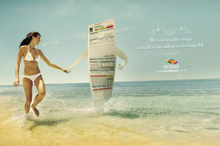 Creative ad: Woman in a bikini holding hands with a giant walking electricity bill on the beach