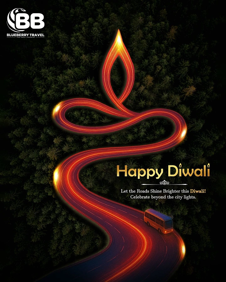 Diwali creative ad: Aerial forest road whose glowing light trails form a diya flame