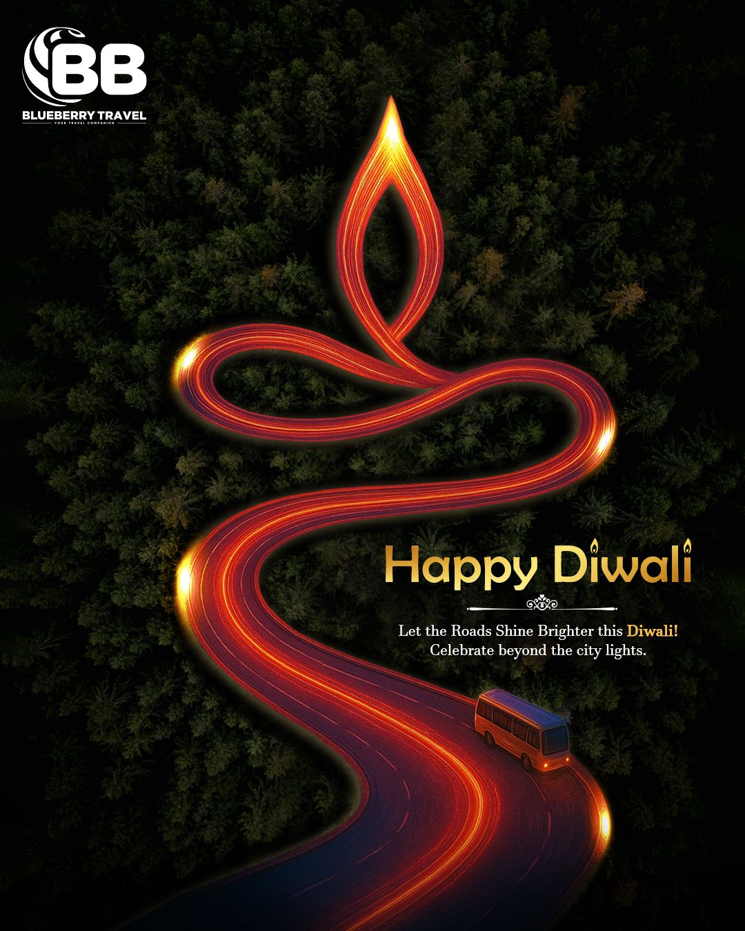 Aerial forest road whose glowing light trails form a diya flame