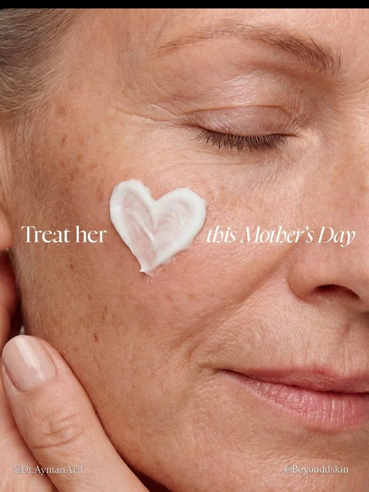 Mother's Day creative ad: Mature woman's face with a heart of moisturiser on her cheek