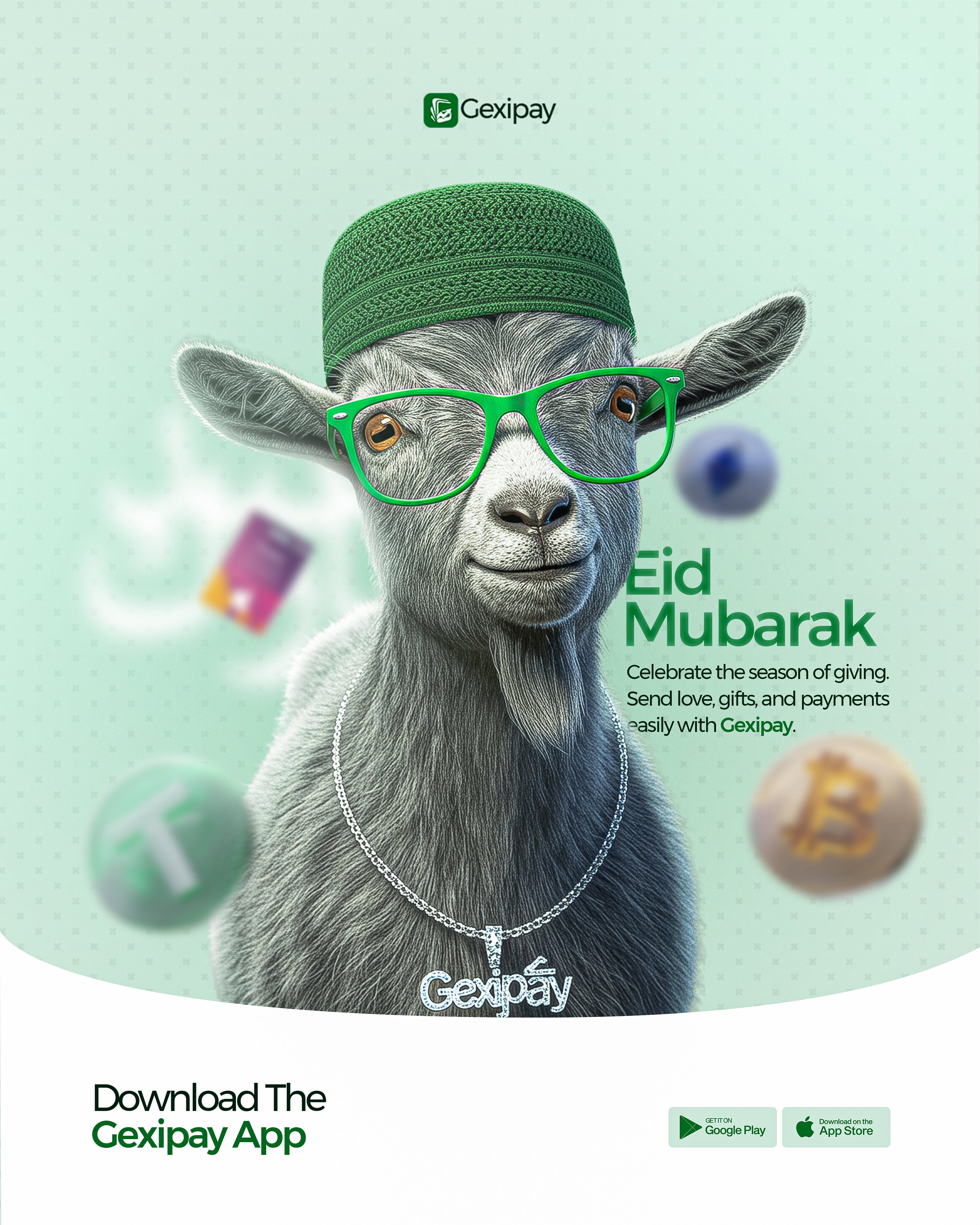 Stylised goat wearing a kufi cap, glasses and a branded chain