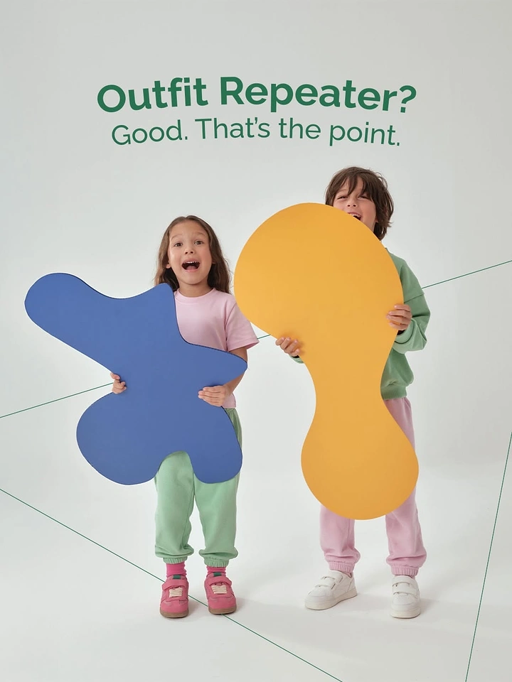 Kids Clothing creative ad: Witty 'Outfit Repeater' copy with shapes