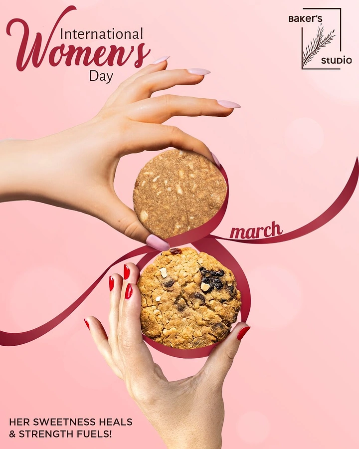 Women's Day creative ad: Two hands holding cookies stacked to form a figure 8 with ribbon