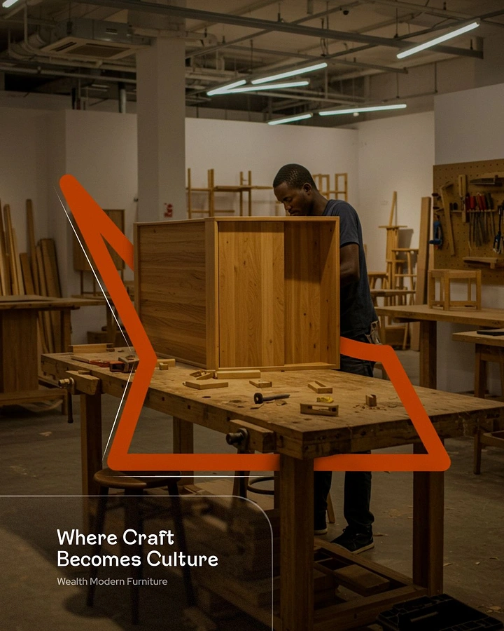 Carpenters & Woodwork creative ad: Orange chair outline sketched over workshop