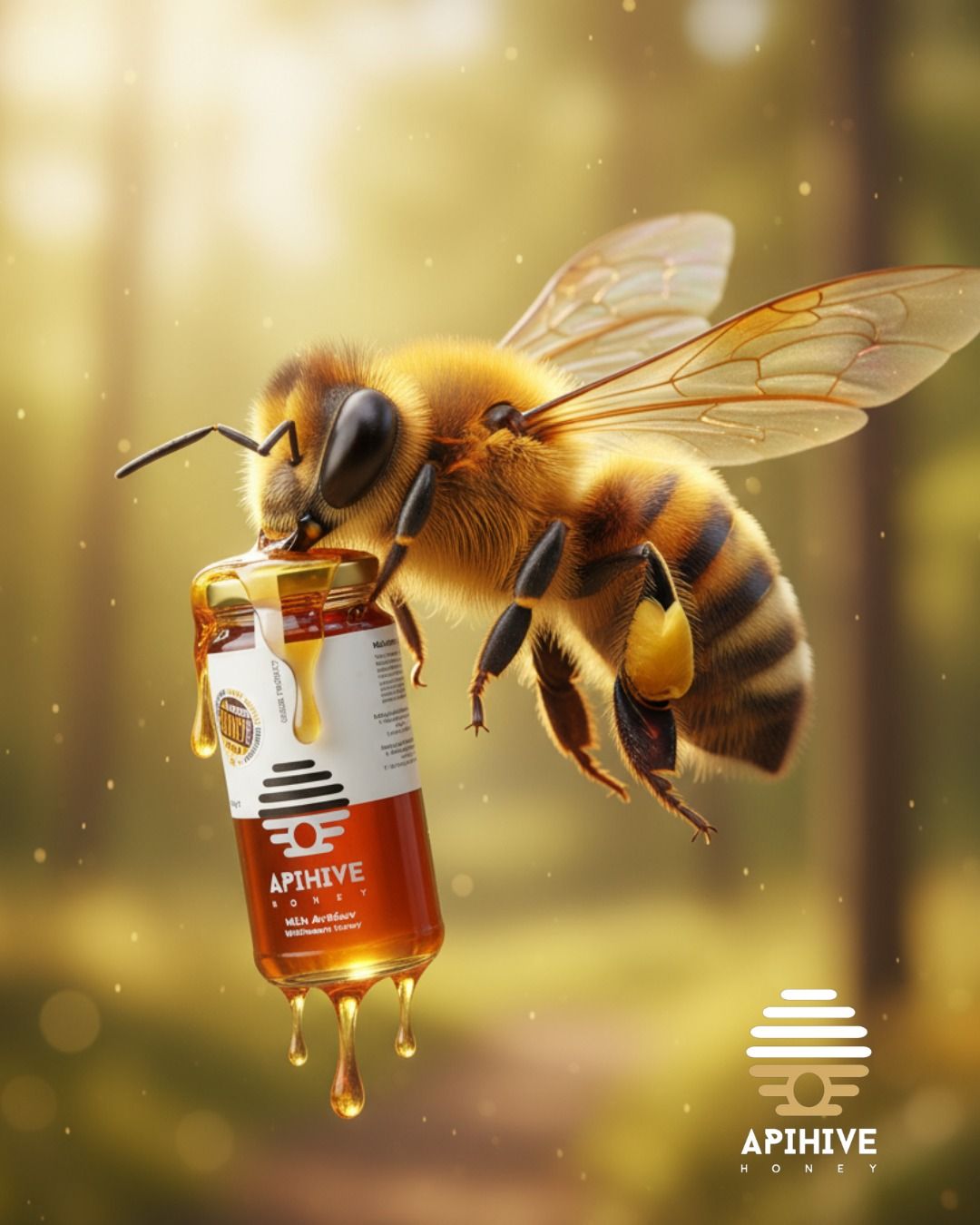 Instagram post: Bee theatrically presents the honey bottle