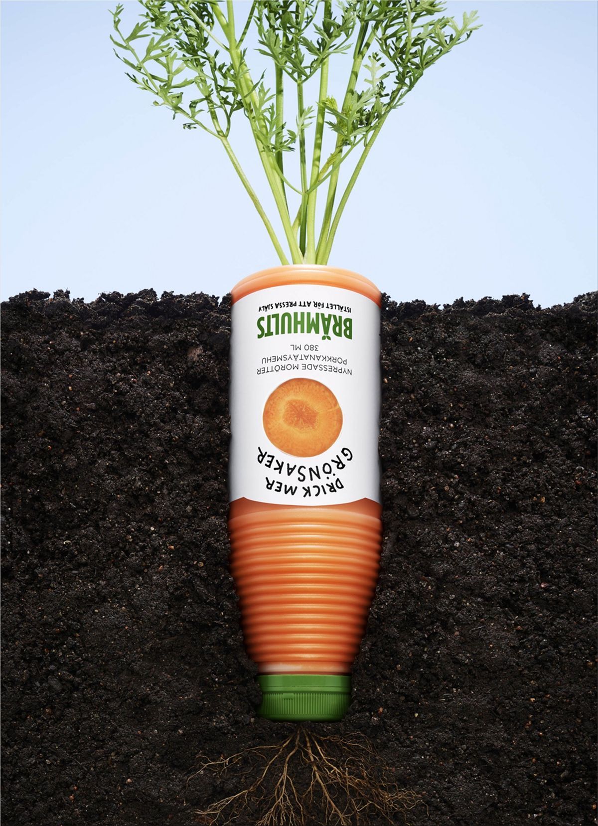 Poster: Upside-down juice bottle growing in soil like a carrot