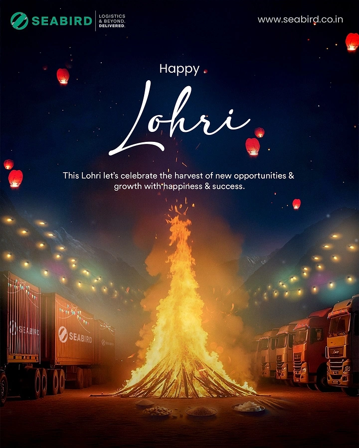 Lohri creative ad: Tall bonfire flanked by branded trucks at night