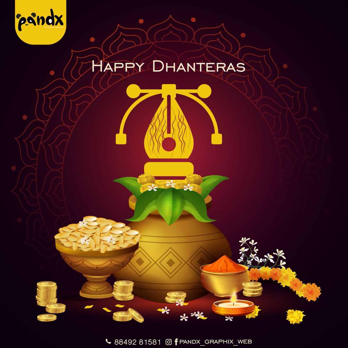Golden kalash crowned by a pen-tool icon, with coins, a diya and marigolds