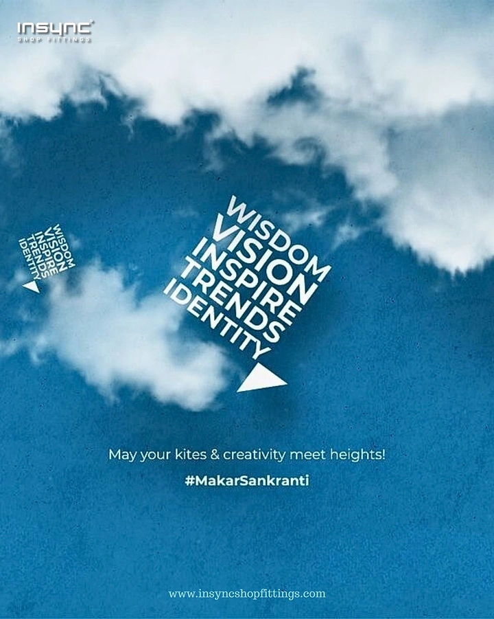 Makar Sankranti creative ad: Stacked brand-value words forming a tilted kite in a cloudy sky