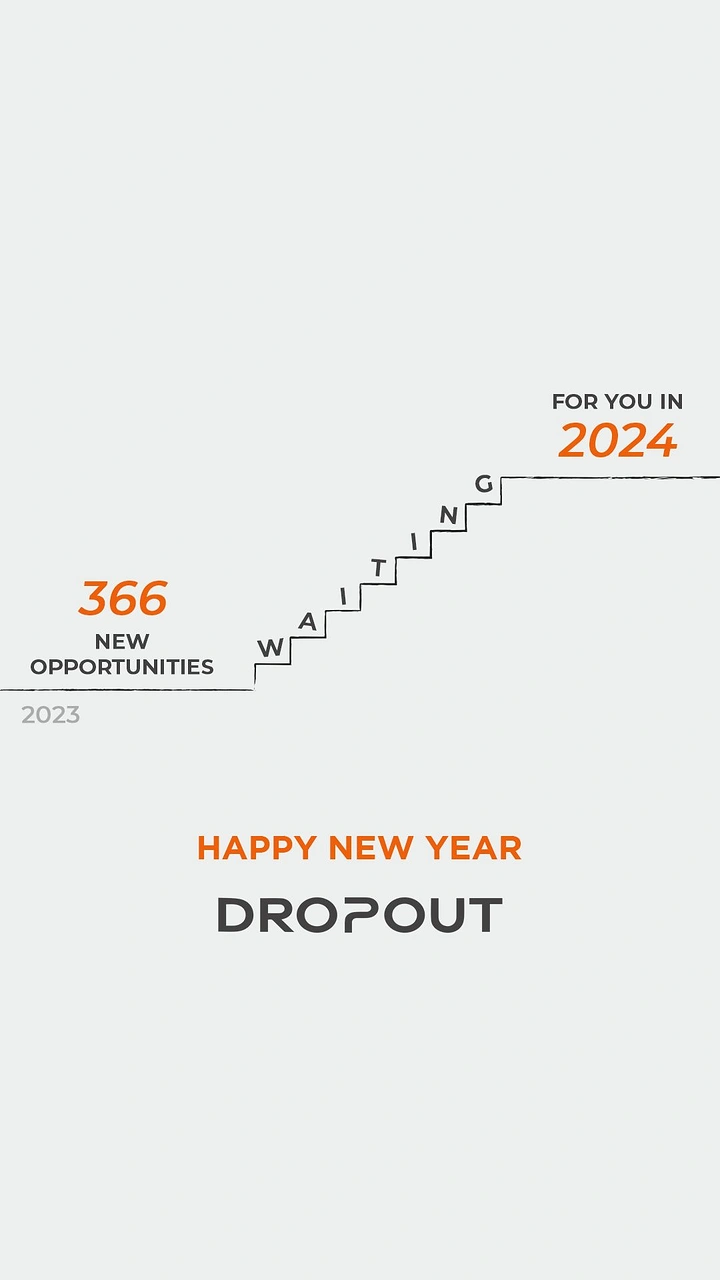 New Year creative ad: Staircase line spelling WAITING rising from 2023 to 2024