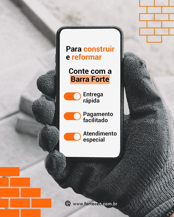 Hardware Stores creative ad: Gloved hand holding a smartphone with construction-service benefits