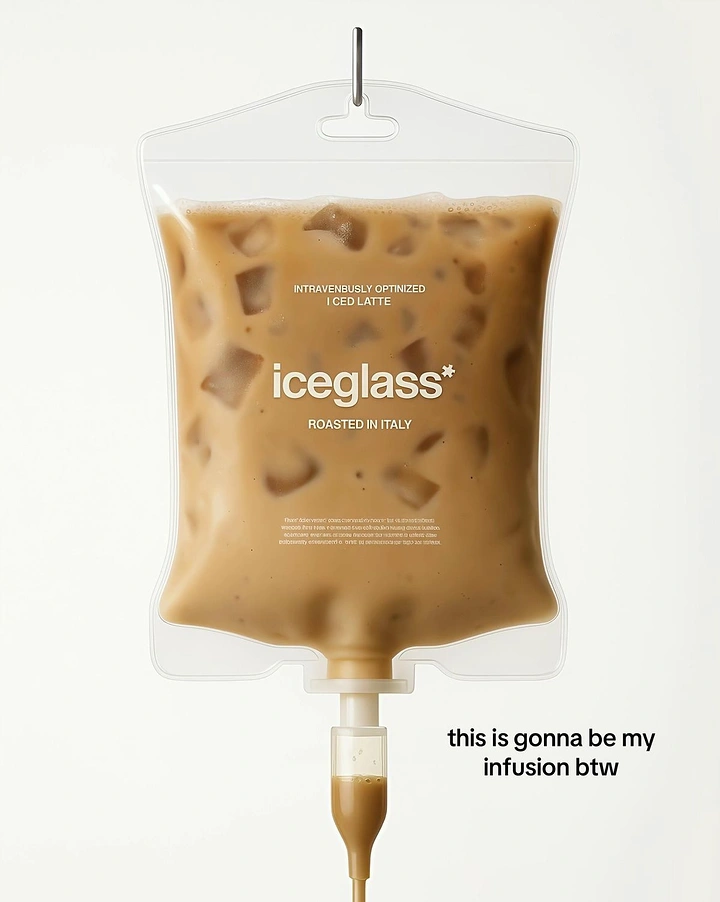Coffee Shops creative ad: Iced latte inside a hanging IV infusion bag
