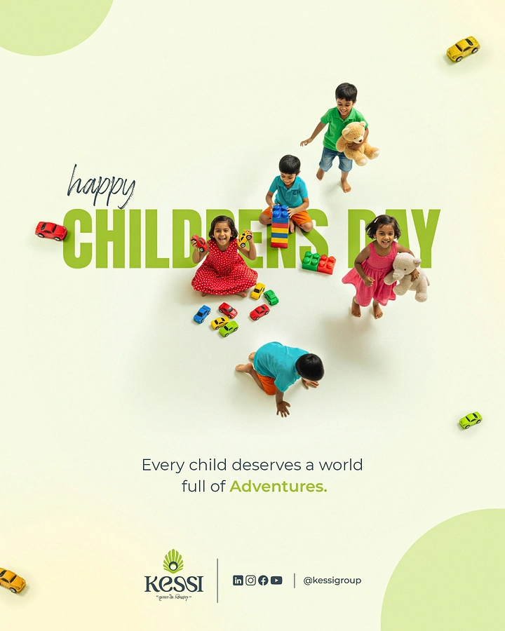 Children's Day creative ad: Overhead view of kids playing with toys, woven through giant headline type