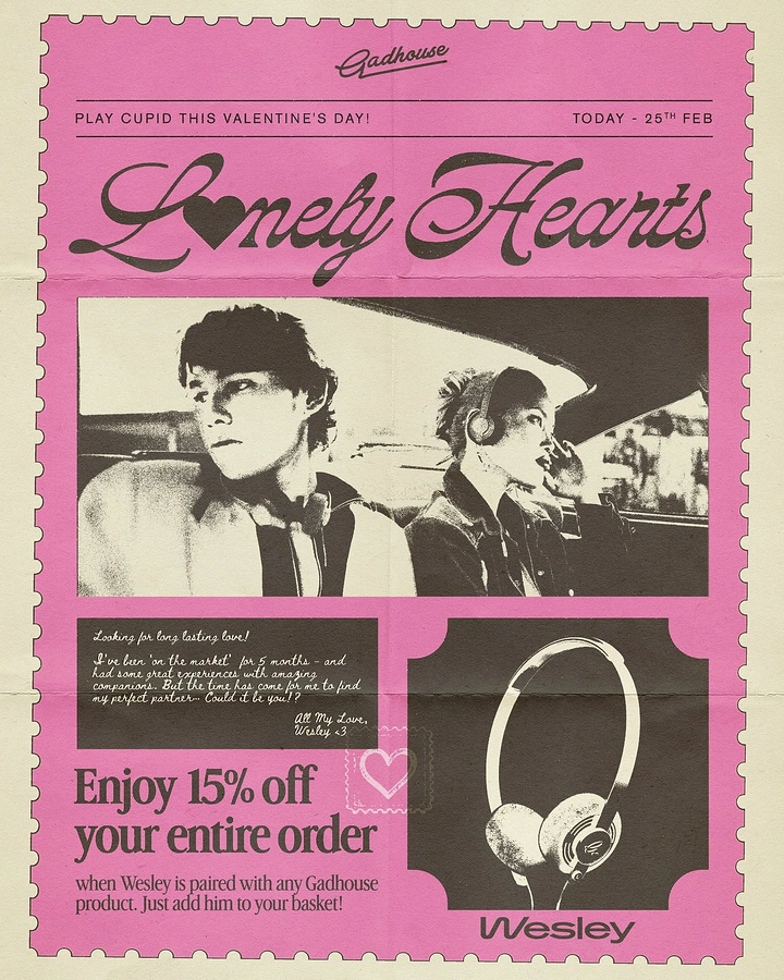 Valentine's Day creative ad: Retro halftone couple in car with headphones; product headphones in ticket frame
