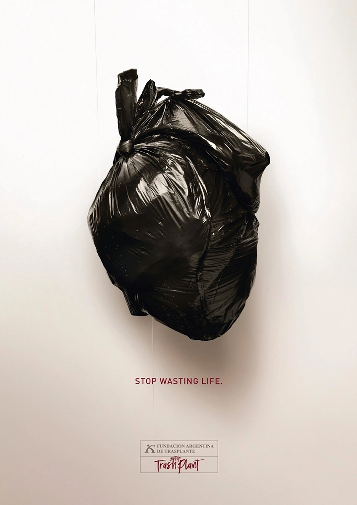 Creative ad: Black trash bag sculpted into the shape of a human heart