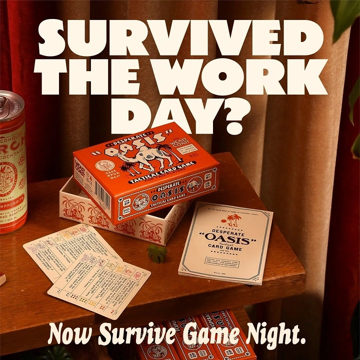 Board Games & Game Cafes creative ad: Work survival joke paired with game night