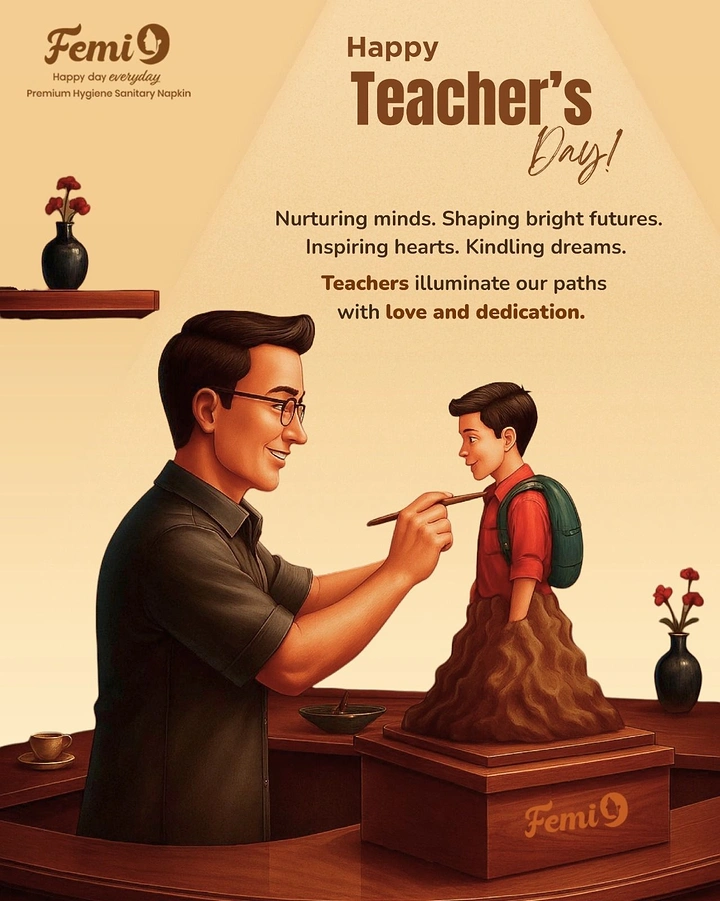 Teachers Day creative ad: Teacher sculpting a clay statue of a schoolboy on a pedestal