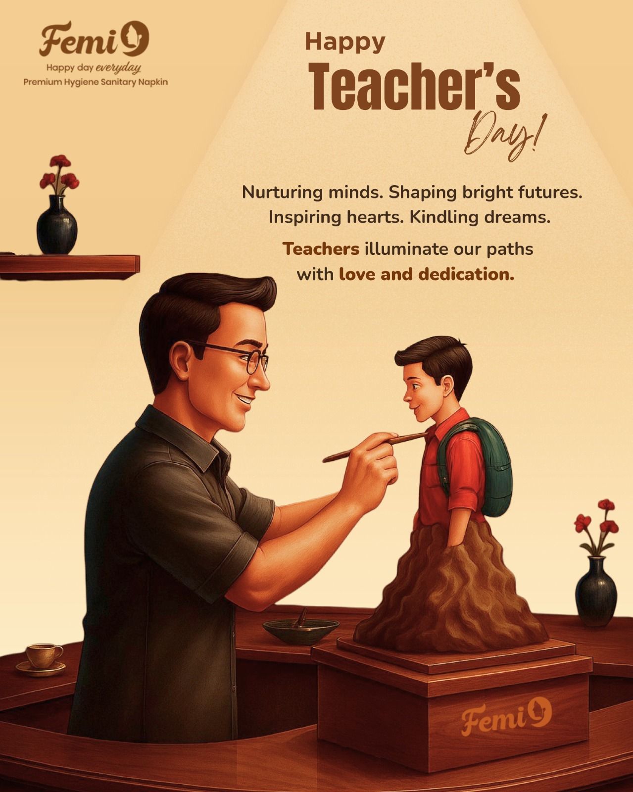 Teacher sculpting a clay statue of a schoolboy on a pedestal