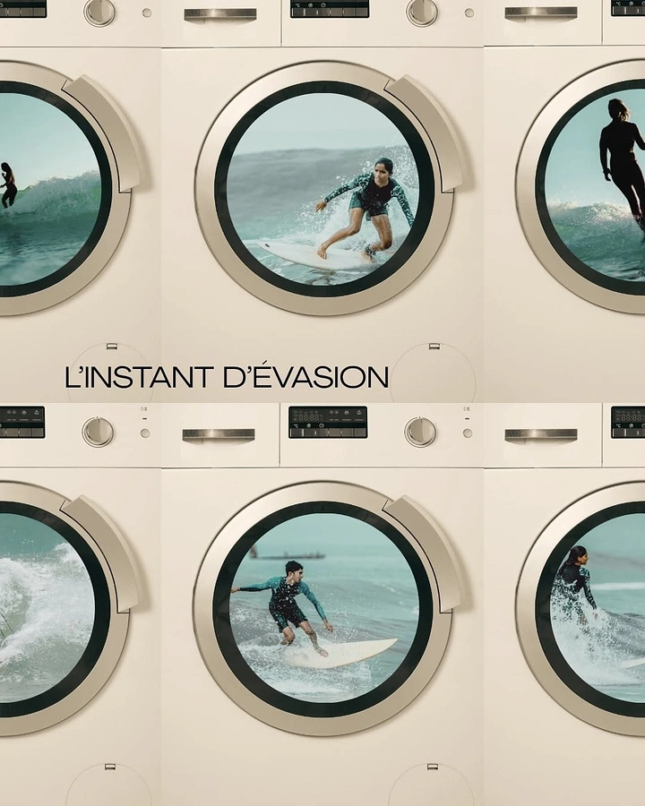 Activewear & Gym Wear creative ad: Grid of cream washing machines whose door windows show surfers riding waves