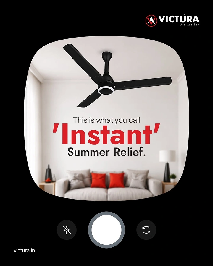 Home Appliances creative ad: Black ceiling fan in a bright living room seen through a phone camera frame