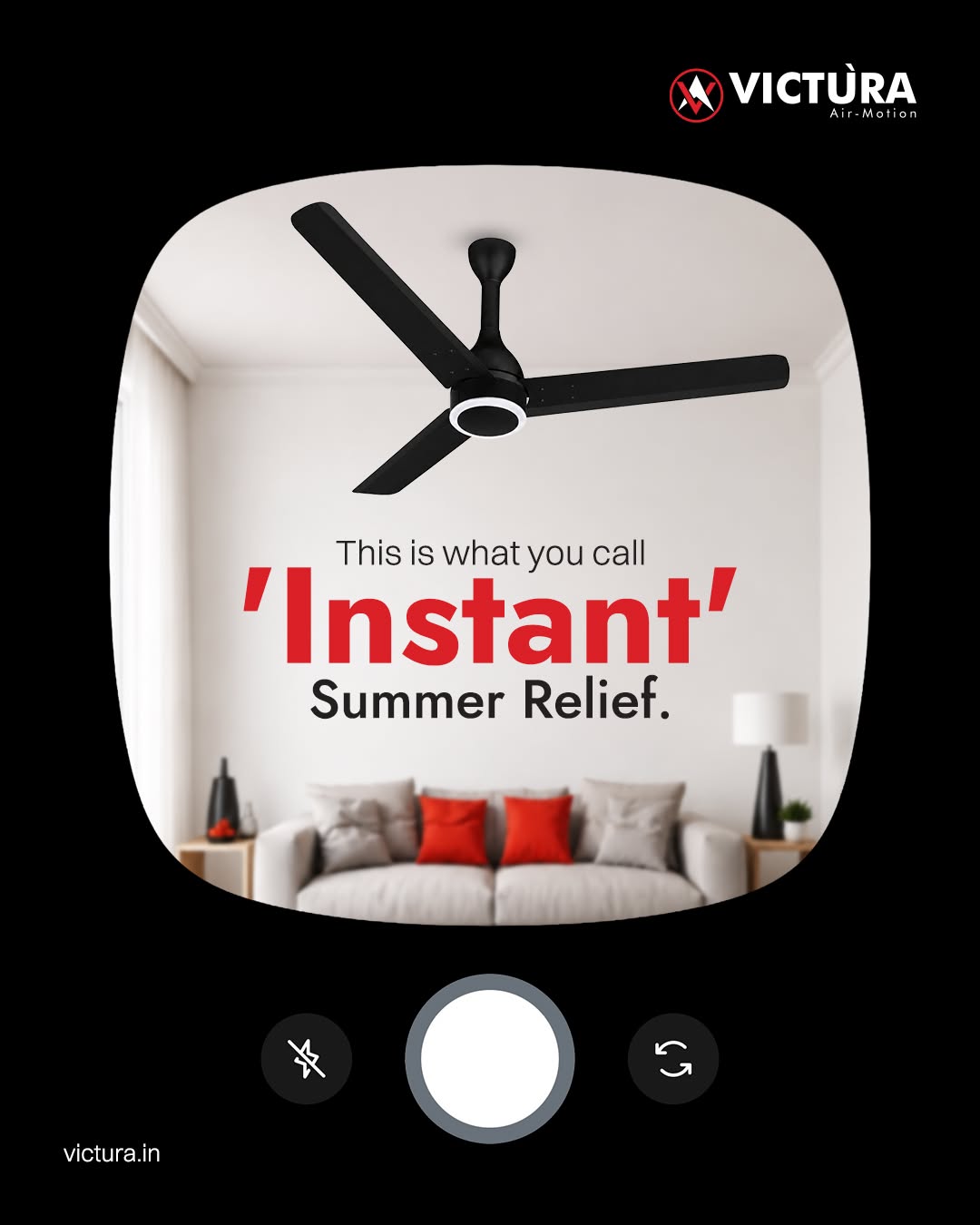 Instagram post: Black ceiling fan in a bright living room seen through a phone camera frame