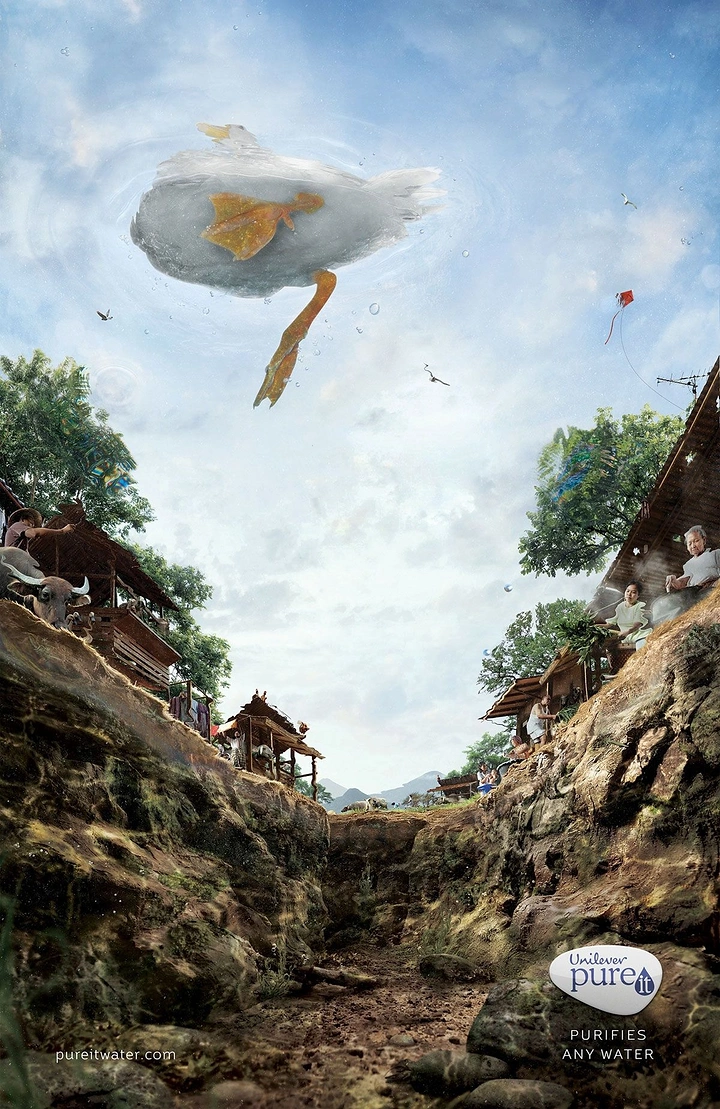Water Purifiers creative ad: Duck floating in sky above a drained village riverbed, seen from below