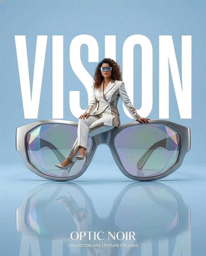 Creative ad: Model seated on giant silver sunglasses