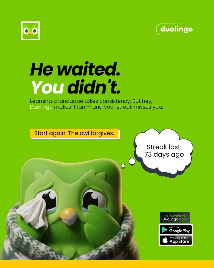 Language Schools & Spoken English creative ad: Sad 3D green owl mascot crying into a tissue, wrapped in a blanket