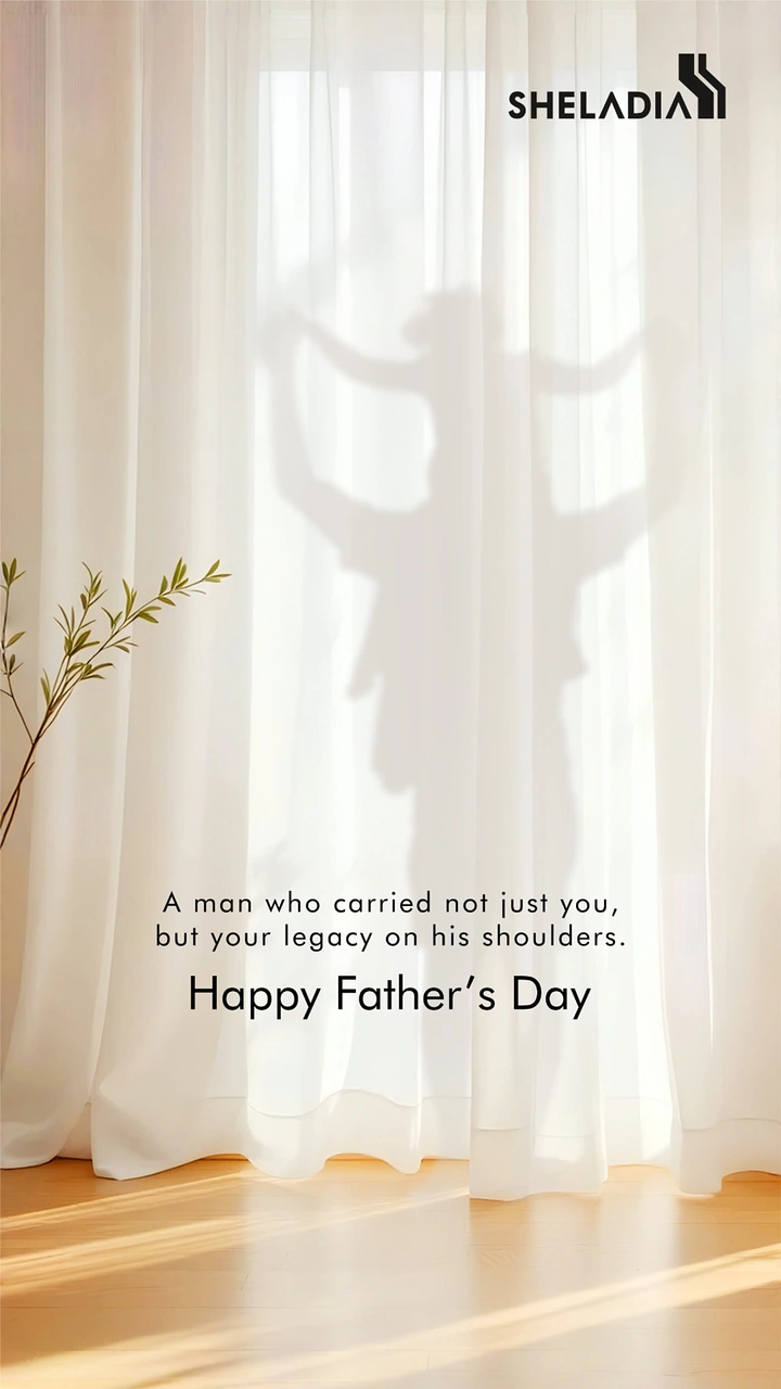 Father's Day creative ad: Shadow of a father carrying a child on his shoulders behind sheer curtains