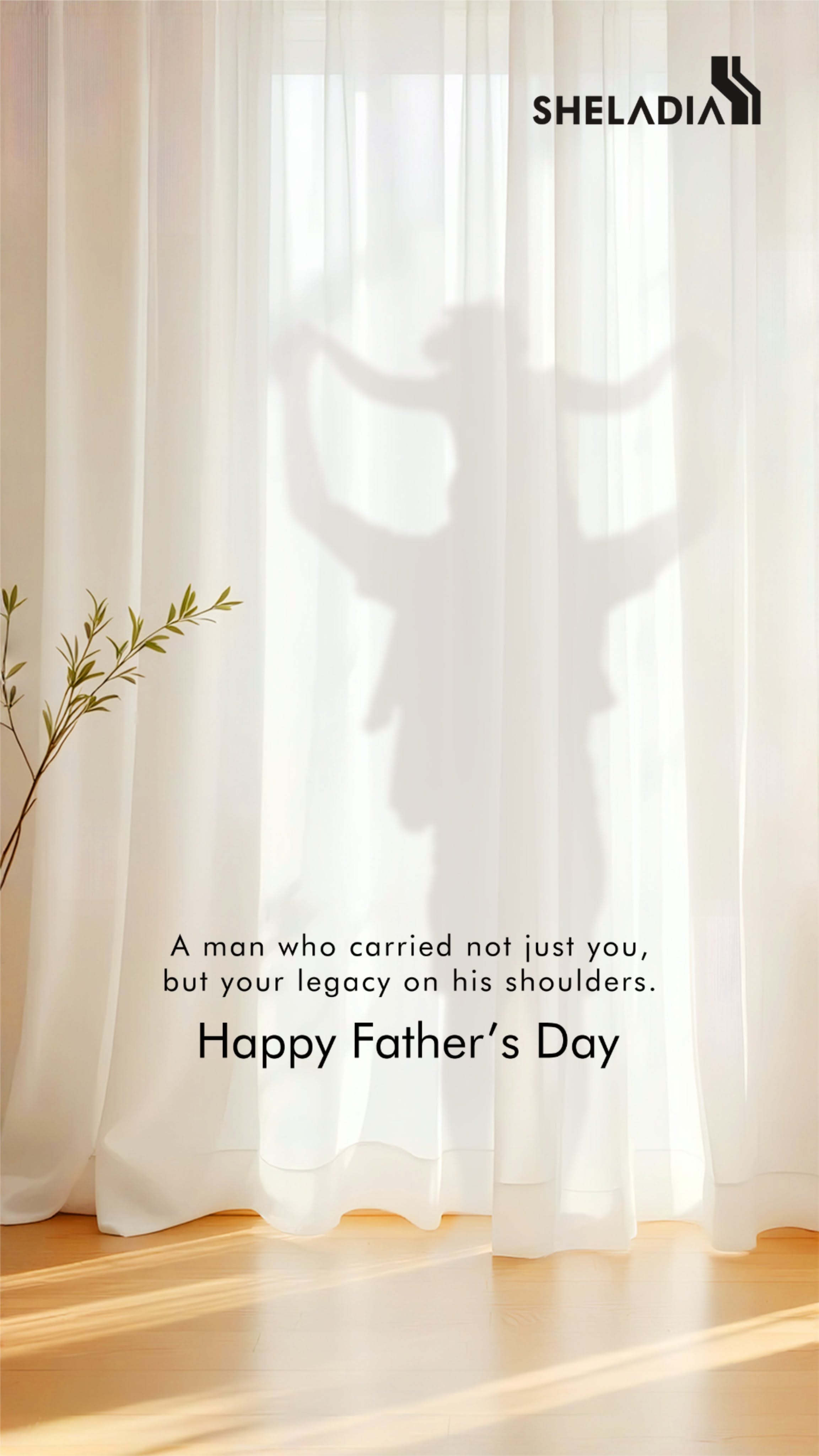 Shadow of a father carrying a child on his shoulders behind sheer curtains