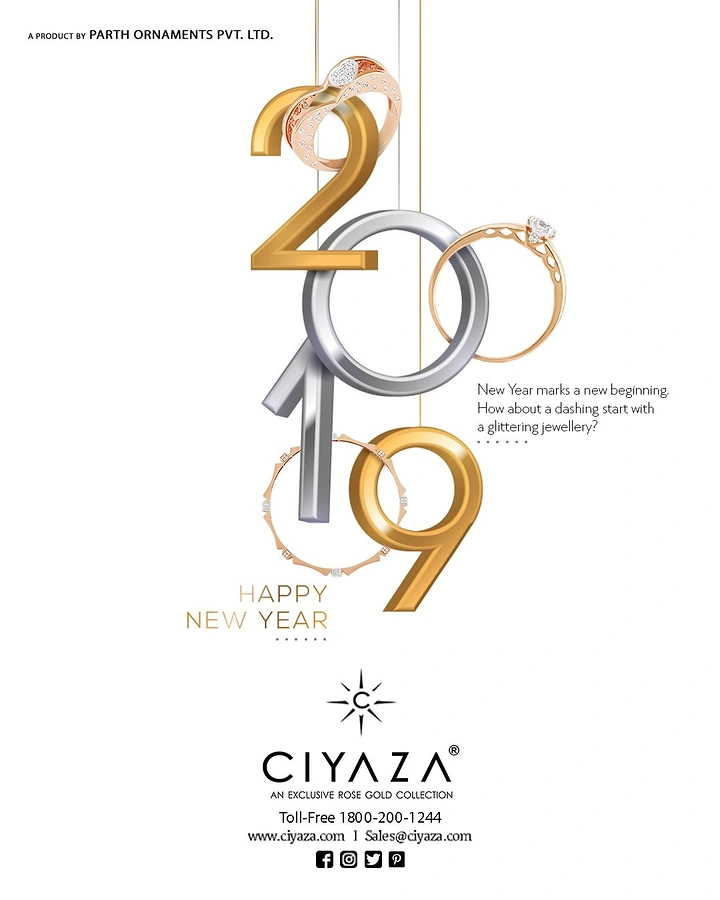 New Year creative ad: Gold and silver 3D 2019 numerals stacked vertically, interlaced with rose gold rings